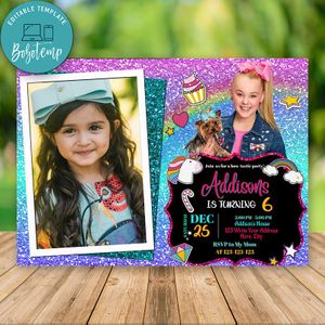 Editable Jojo Siwa Invitation With Photo and Free Thank You Card Instant Download