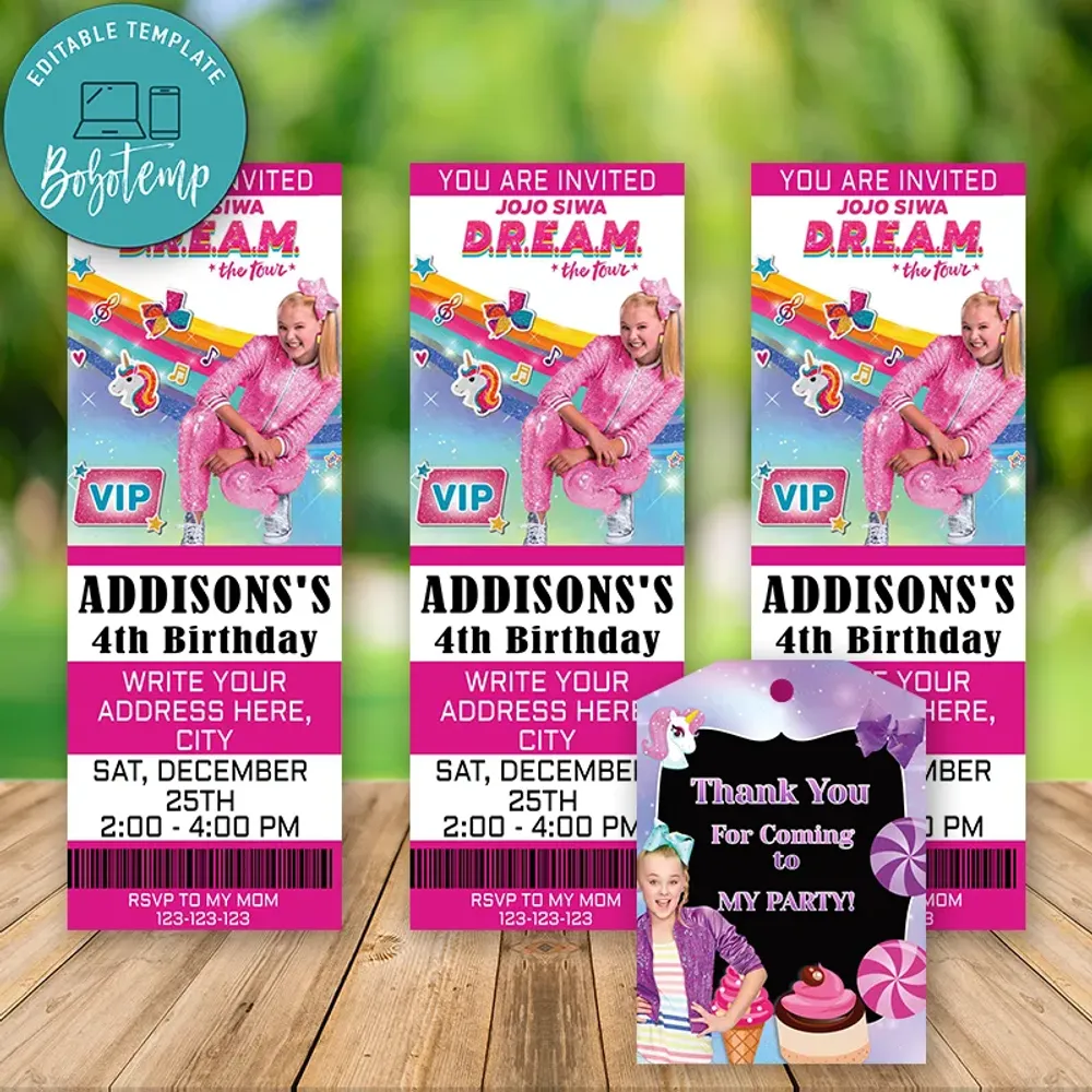 Editable Jojo Siwa Ticket Birthday Invitations Instant Download | Bobotemp