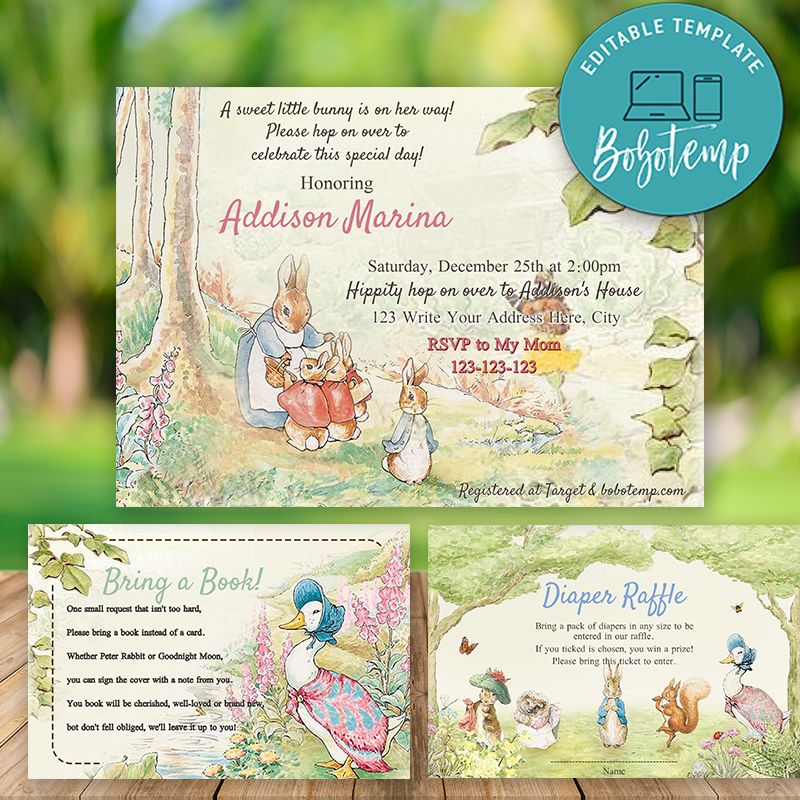 Editable Peter Rabbit Baby Shower Invitation Kit Instant Download