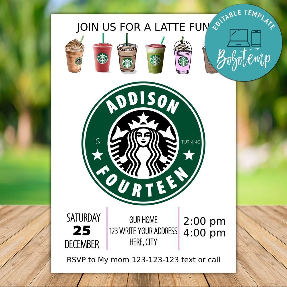 Editable Starbucks Coffee Birthday Invitation Instant Download Bobotemp