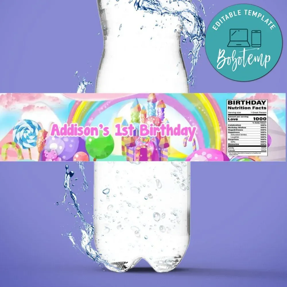 CandyLand Birthday Water Bottle Label Template DIY | Bobotemp