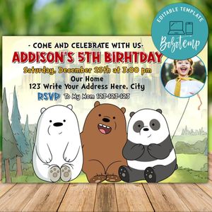 Printable We Bare Bears Birthday Invitation With Photo Instant Download