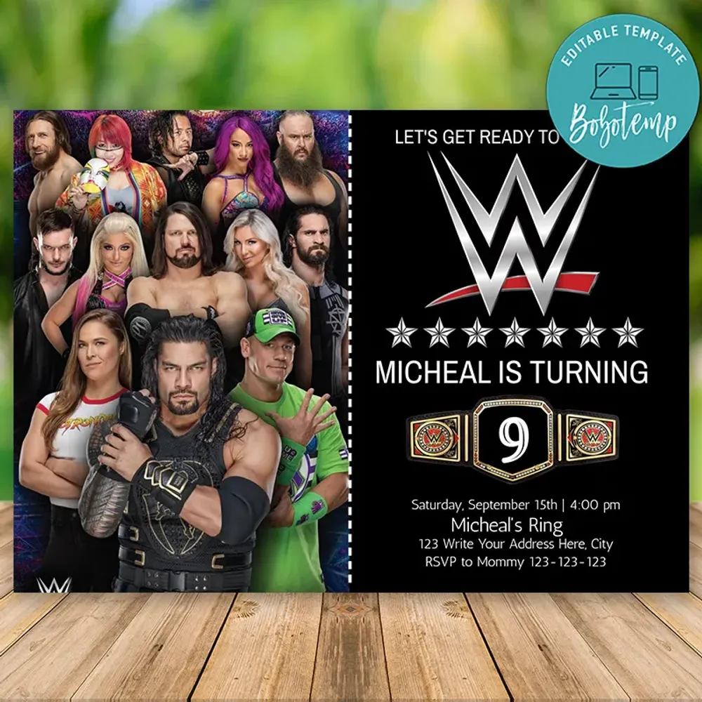 Editable WWE wrestling Birthday Invitation With Photo DIY Bobotemp