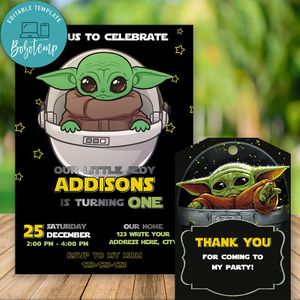 Editable Star War Baby Yoda Party Invites and Free Thank You Tag Instant Download
