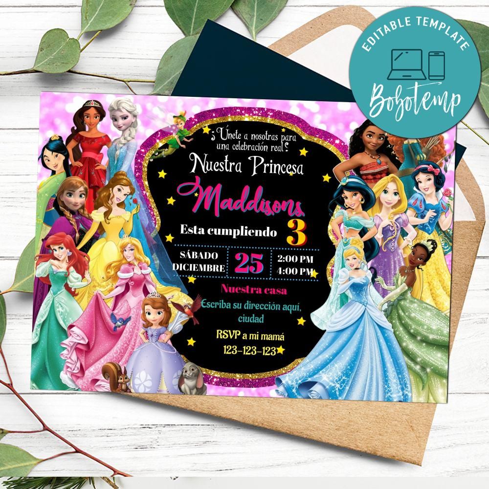 Archivo digital editable de Disney Princess Invitation Bobotemp