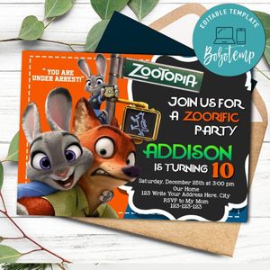 Zootopia Birthday Flyer Printable Instant Download