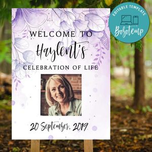 Purple Watercolor Ombre Funeral Celebration of Life Welcome Sign Printable Instant Download