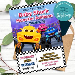Baby shark monster truck Invitation Customizable Template Instant Download