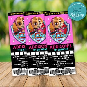 Editable Skye Paw Patrol Birthday Ticket Invitations Instant Download