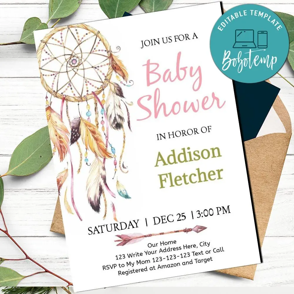 Printable Dream catcher Baby Shower Invitation Template DIY | Bobotemp