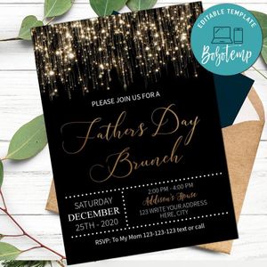 Father's Day Brunch Black and Gold Sparkle Glitter Invitation Printable Instant Download