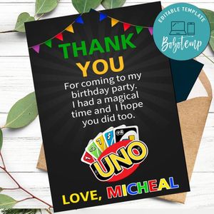 Uno Thank you card Template to Print at Home Instant Download