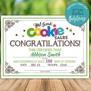 Printable Girl Scout Cookie Sales Congratulations Certificate Template Instant Download