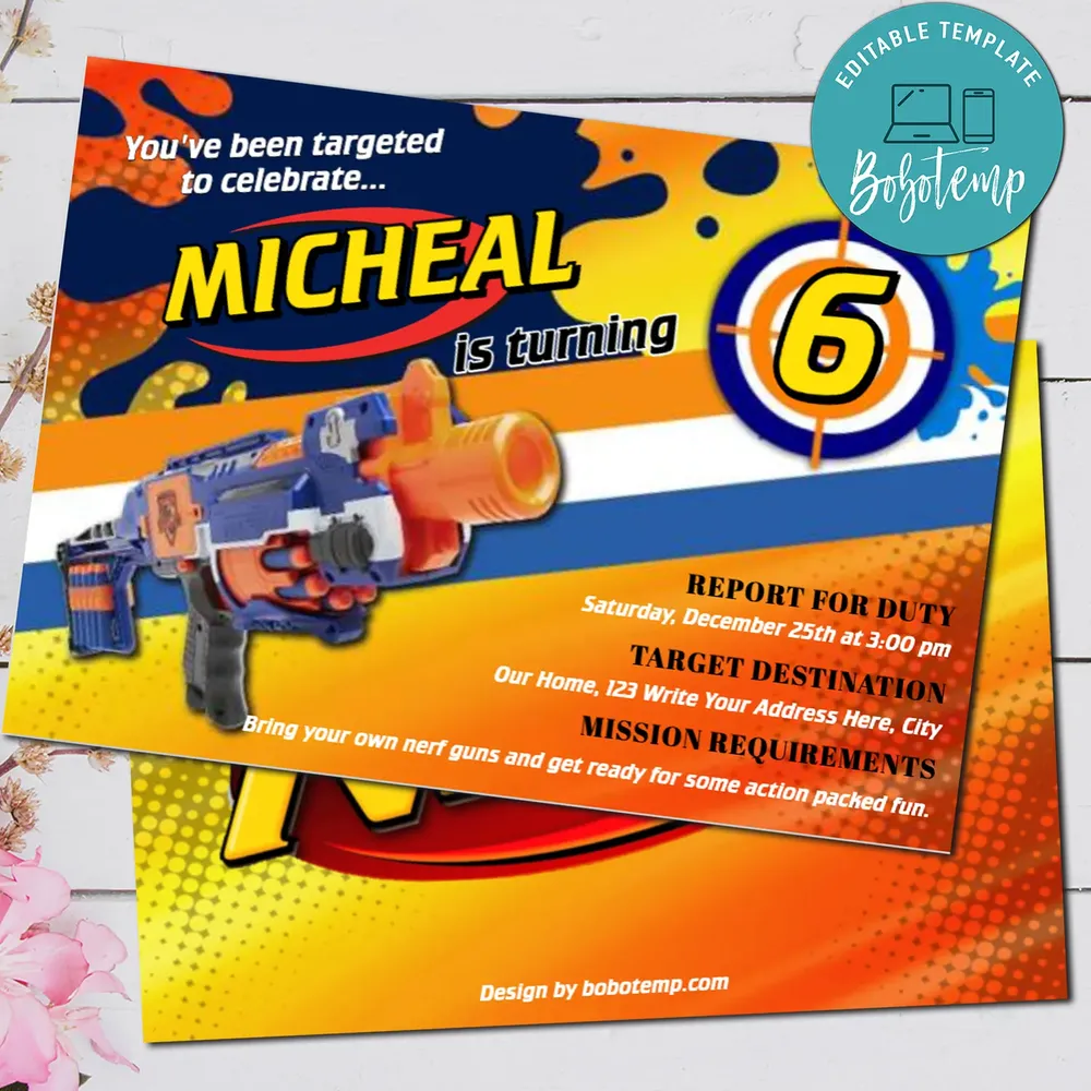 Editable Nerf Gun Dart Gun Birthday Party Invitation Diy