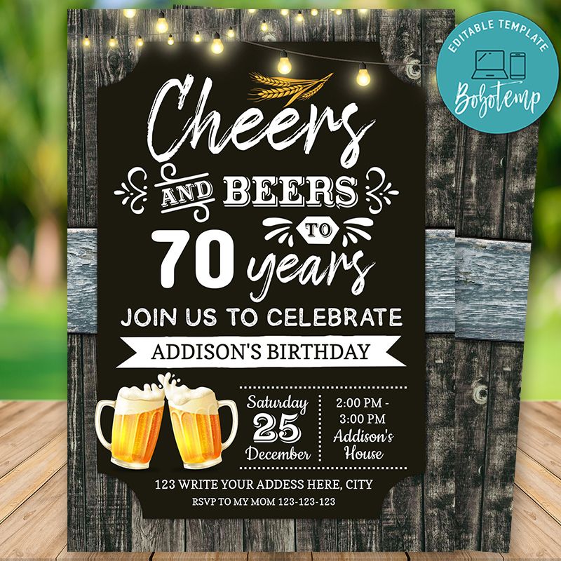 Printable 70th Cheers and Beers Birthday Party Invitation DIY | Bobotemp for Free Printable Cheers To 70 Years