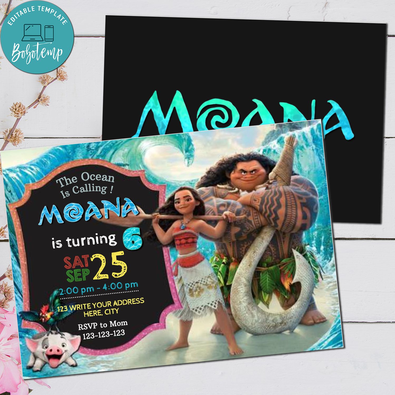 Editable Disney Princess Moana Birthday Party Invitation DIY | Bobotemp