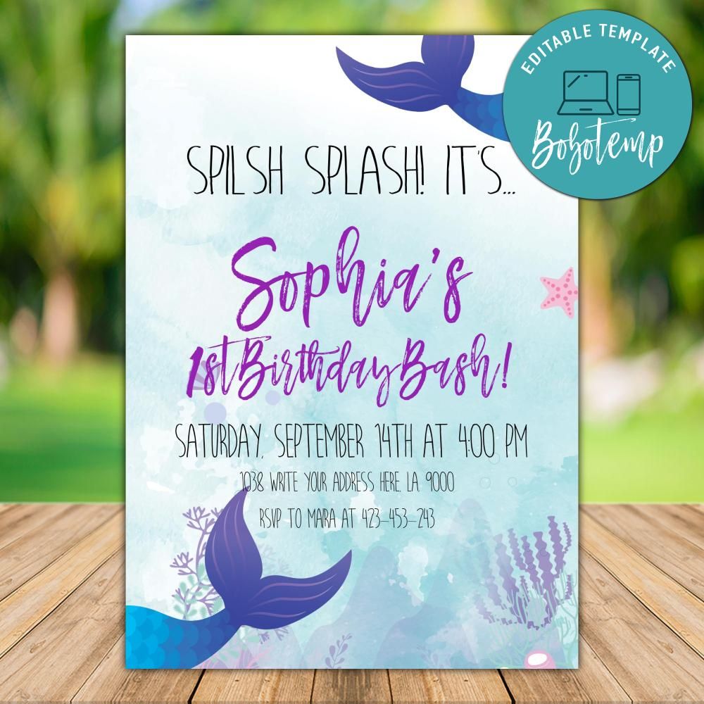 Editable Mermaid First Birthday Invitation Instant Download, image size:1000x1000