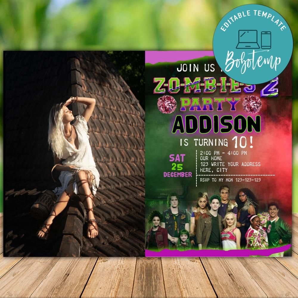 Printable Disney Zombies 2 Birthday Invitation With Photo Bobotemp