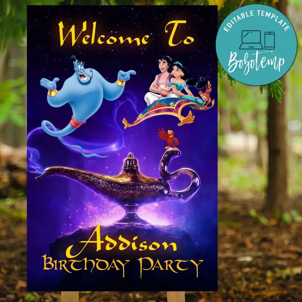 Aladdin Birthday Welcome Sign Digital File Printable DIY | Bobotemp