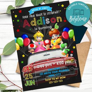 Princess Beach Super Mario Drive By Birthday Parade Invitation Printable Instant Download