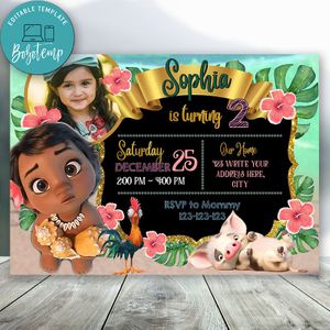 Editable Disney Princess Baby Moana With Photo Birthday Party Invitation Digital File