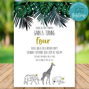 Editable Jungle Animals 4th Birthday Invitations Instant Download