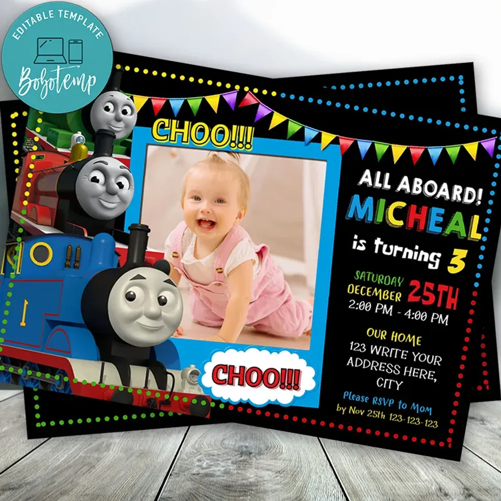 Editable Thomas the Tank Engine Invitation With Photo DIY | Bobotemp