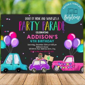 Printable Drive By Birthday Parade Invitation and Free Thank You Tag for Girl Instant Download