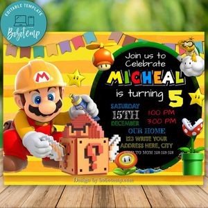 Editable Mario Maker Party Invite and Free Thank You Card Instant Download