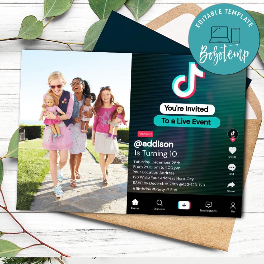 Tik Tok Teen Birthday Invitation With Photo to Print at Home DIY | Bobotemp