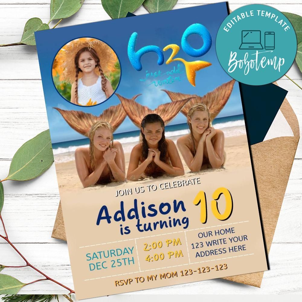 H20 just add water Birthday Invitation Template to print at home | Bobotemp