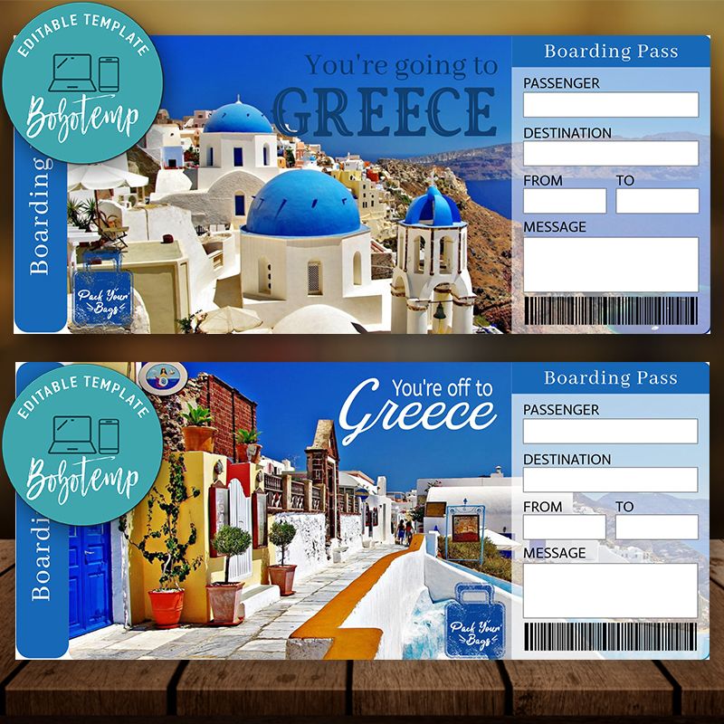 Editable GREECE Surprise Gift Ticket Instant Download Bobotemp