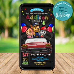 Mobile Paw Patrol Drive By Birthday Parade Electronic Invite Invitation Template Instant Download