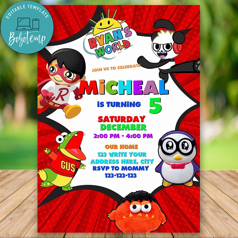 Editable Ryan's World Birthday Invitation Instant Download | Bobotemp