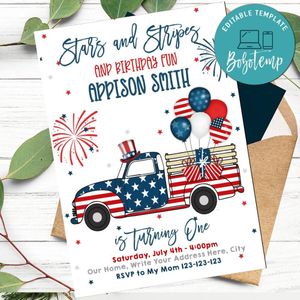 4th Of July Stars & Stripe Truck Independence Day Birthday Party Invitation Printable Instant Download