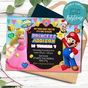 Mario and princess peach Invitation Template to Print at Home Instant Download