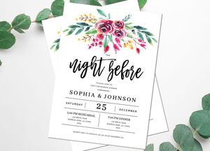 Fall Winter Boho Floral Eucalyptus Greenery The Night Before Rehearsal Dinner Invitation