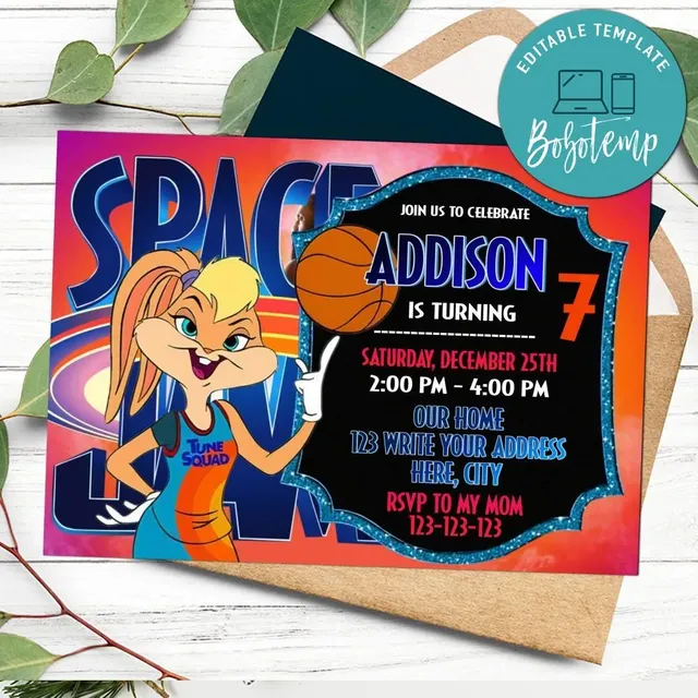 Space jam girl Invitation Customizable Template DIY Bobotemp