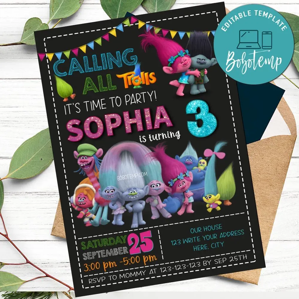 Trolls Birthday Invitation and Thank You Card Printable Createpartylabels