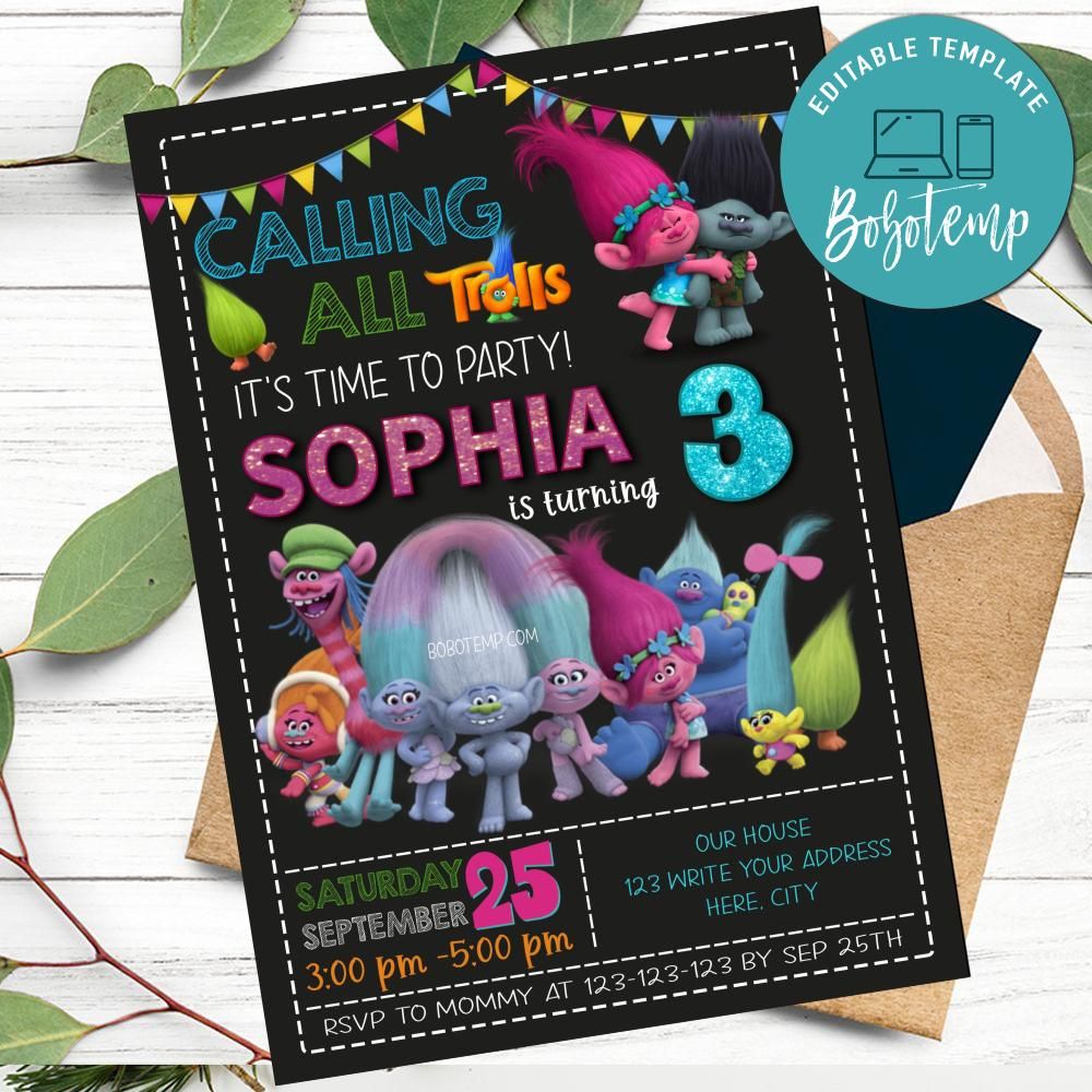 Trolls Birthday Invitation and Thank You Card Printable | Bobotemp