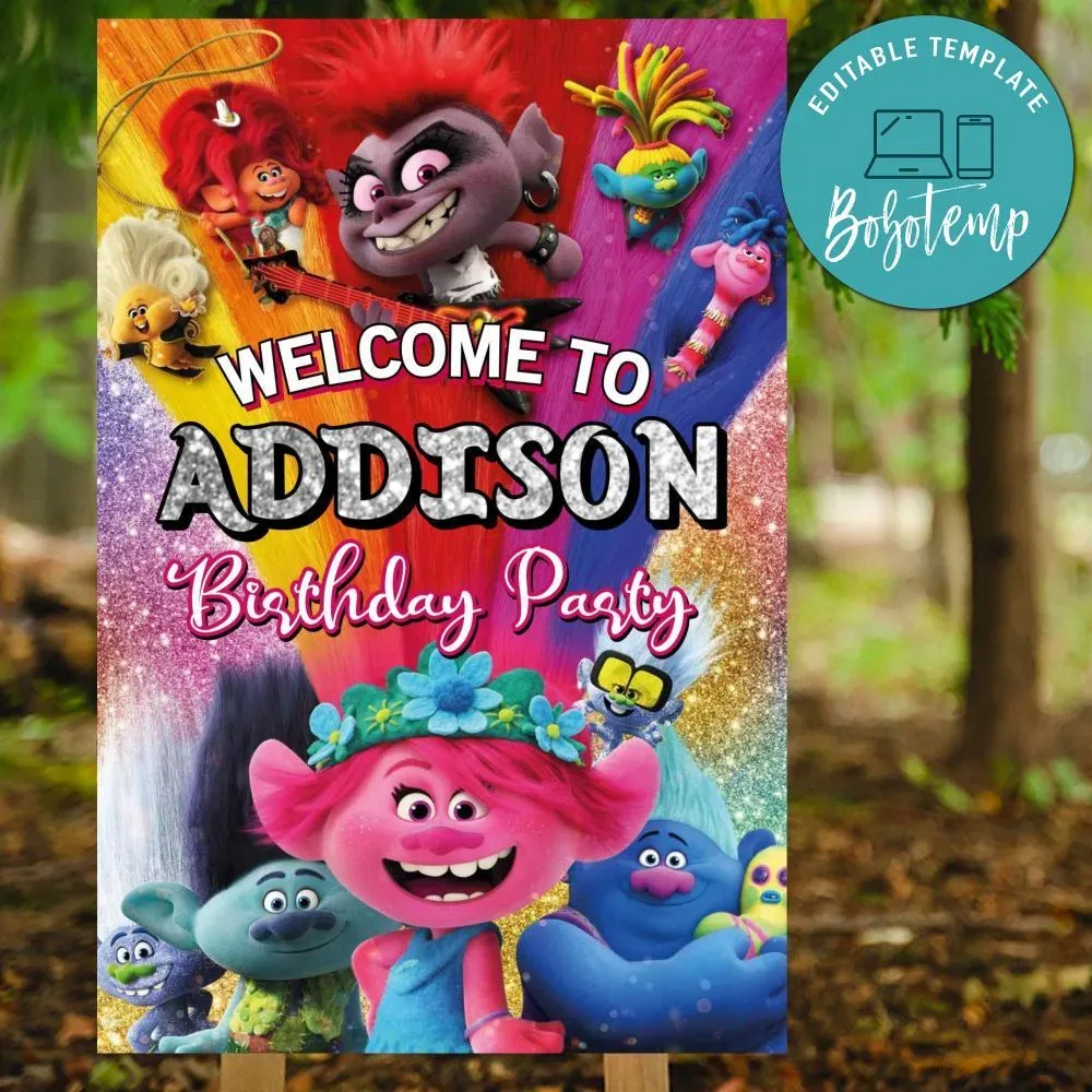 Trolls world tour Birthday Welcome Sign Digital File Printable | Bobotemp