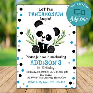 Printable Boy Panda Bear Birthday Invitation Instant Download