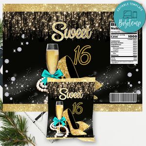 Sweet 16 Gold Glitter Chip Bag Digital File Instant Download