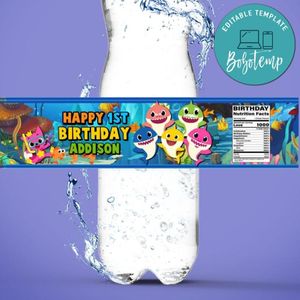 Baby Shark Water Bottle Label Template to Print at Home Instant Download