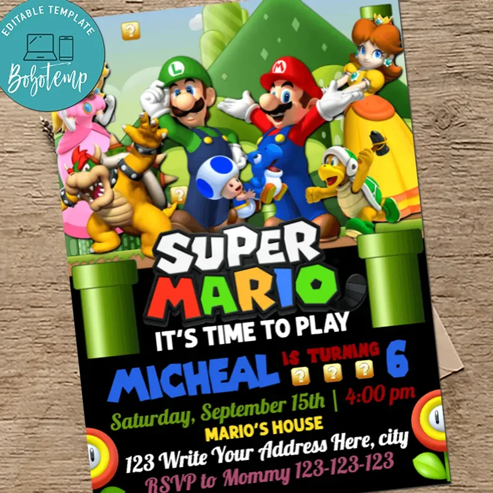 Super Mario Birthday Party Editable Invitation