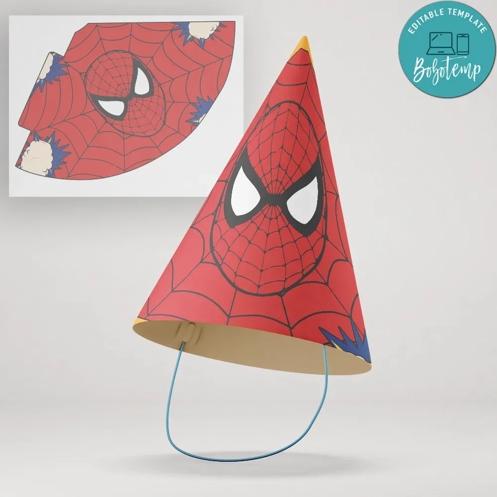Spiderman Birthday Party Hat Customizable Template DIY Bobotemp