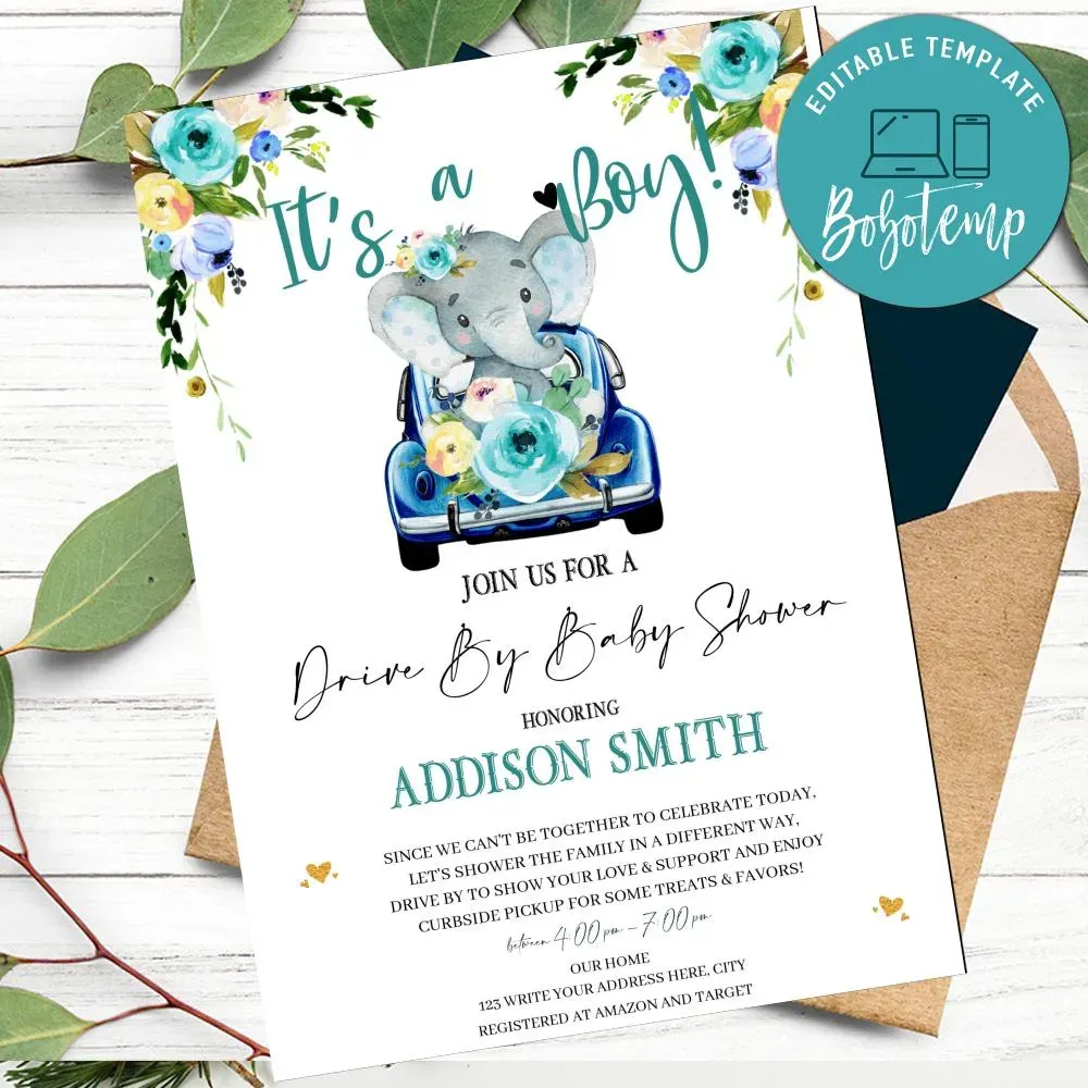 Printable Boy Elephant Drive By Baby Shower Invitation DIY Bobotemp