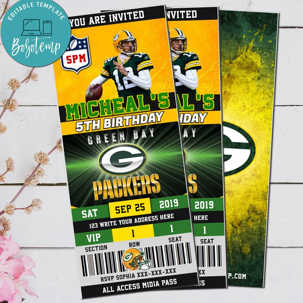 Editable Green Bay Packers Football Sports Party Invitations Diy Bobotemp