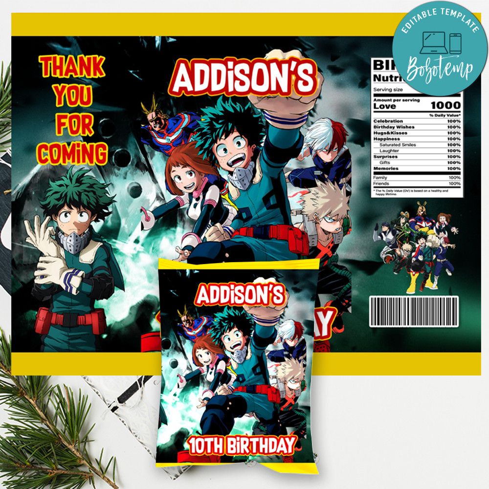 My hero academia Birthday Chip Bag Digital File Printable DIY Bobotemp