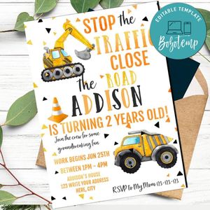 Construction 2nd Birthday Flyer Printable Instant Download